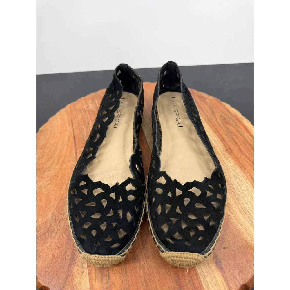 Via Spiga Espadrille Flats Womens 8 Black Laser Cut‎ Suede Scalloped